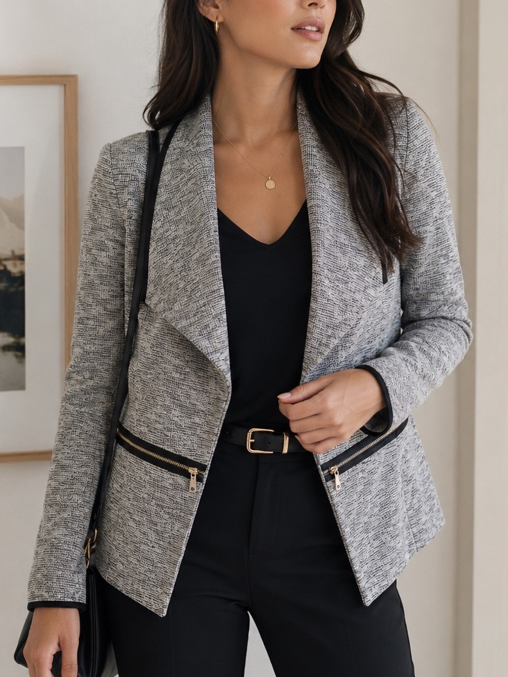 Rafaella Open-Front Blazer Black White Office Chic Jacket Medium